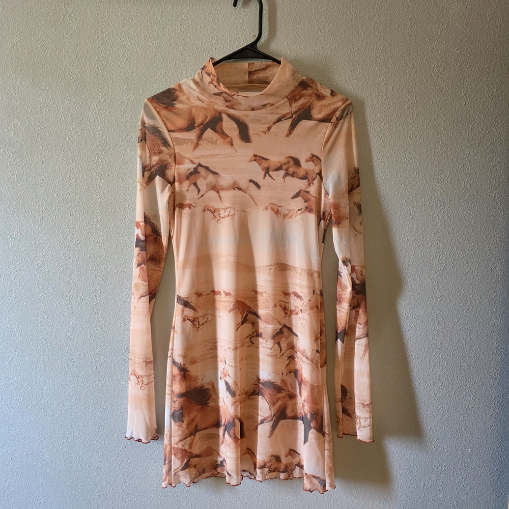 Urban Outfitters Peach Horse Pattern Long Sleeve Dress
